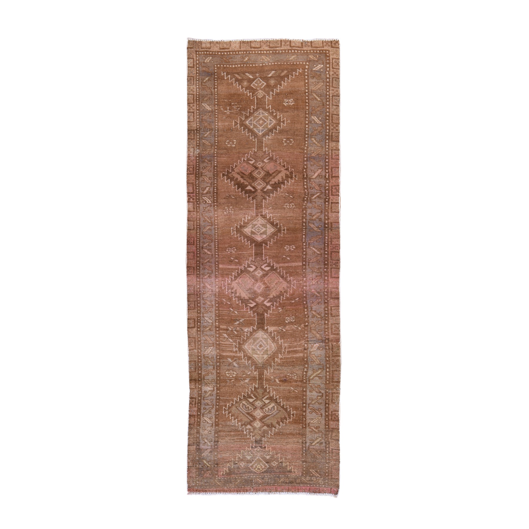 Thrush Brown, Vintage and Worn Down Persian Shiraz with Serrated Medallions, Bohemian, Pure Wool, Hand Knotted, Wide Runner, Oriental Rug